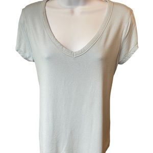 Magaschoni T-Shirt Women's Medium Light Blue Stretch Knit Top Deep V Neck